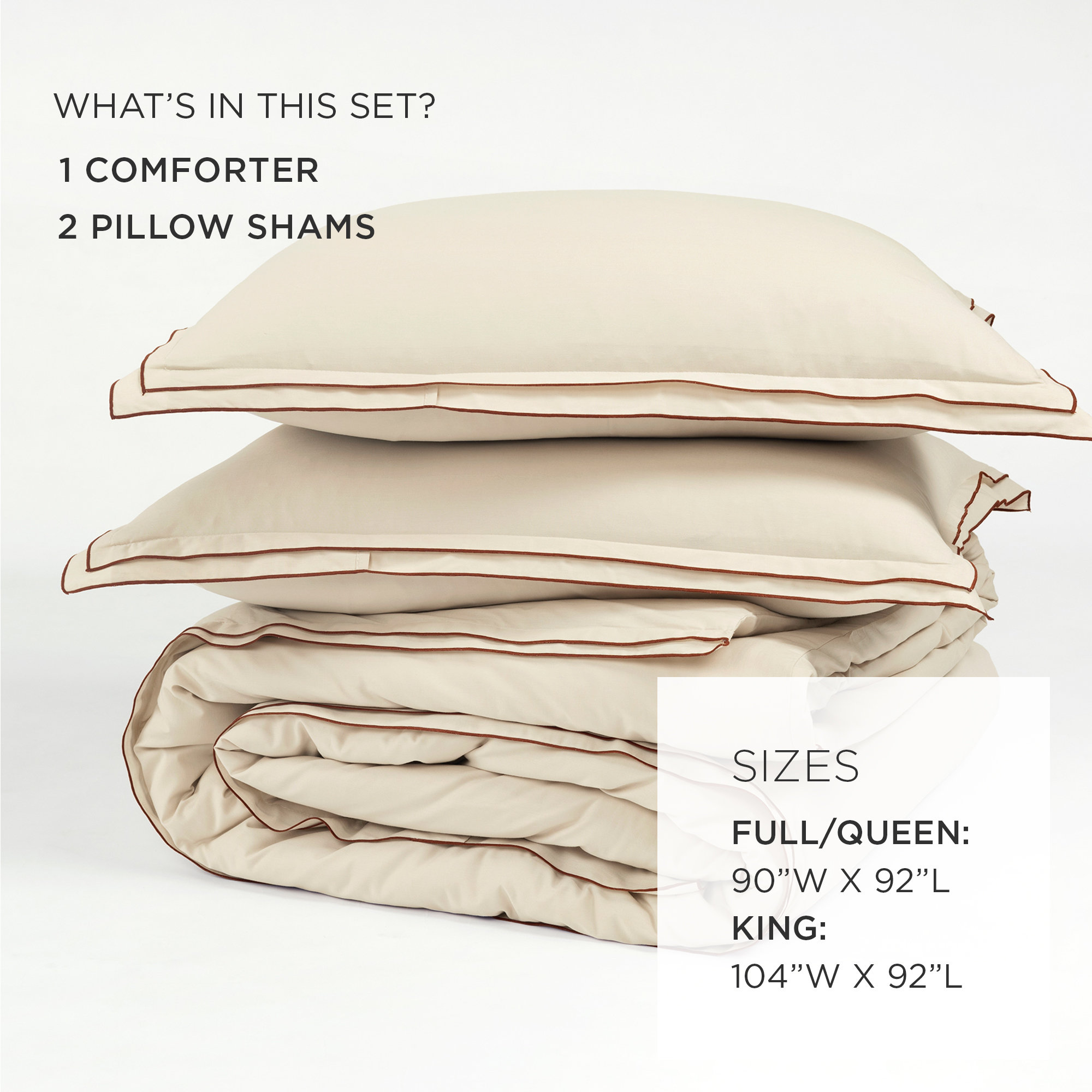 Hampton Double Flange Embroidered Contrast Edge Comforter 3 Pieces Set, King Comforter + 2 King Shams, Beige