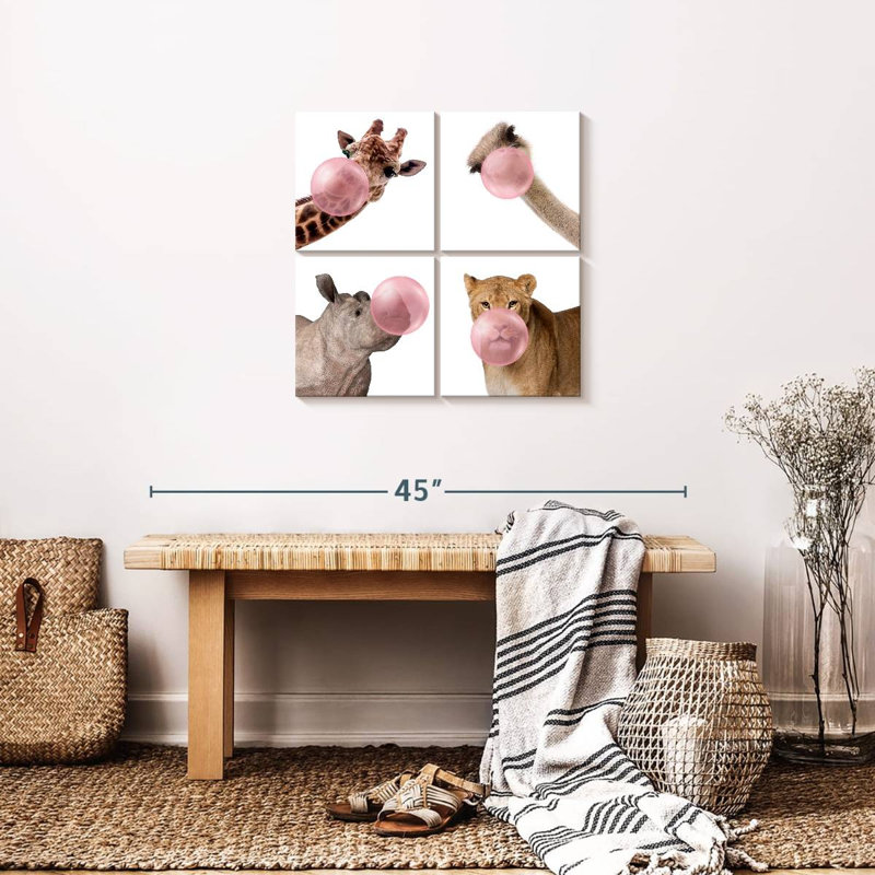 «Funny Animal Wildlife», ensemble de 4 reproductions sur toile 4 pièces par Emma P, H 26 po x l 26 po x P 1,25 po