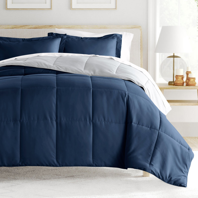 Reversible Down-Alternative Comforter Bedding Set, Twin/TwinXL Comforter + 1 Sham, Navy
