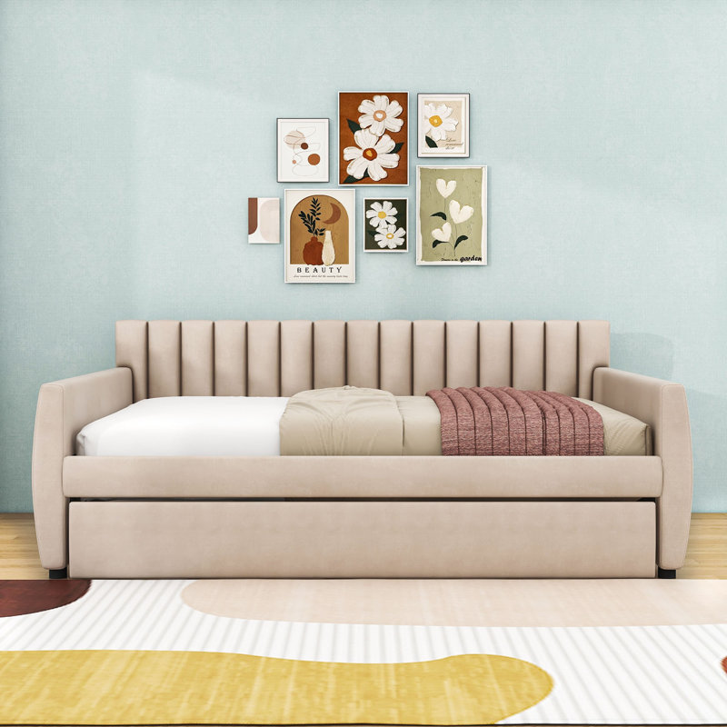 Full Size Upholstered Daybed with Twin Trundle and Slats, Beige