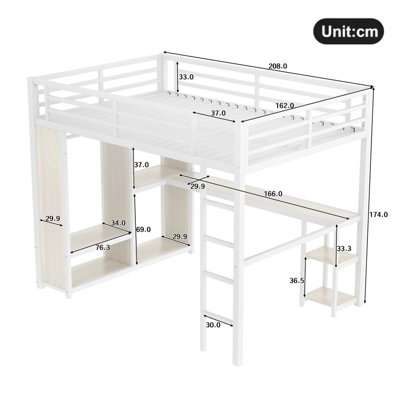 Grand cadre de lit mezzanine avec garde-robe intégré, lit à grain de bois en métal avec bureau et tablettes de rangement, blanc compact