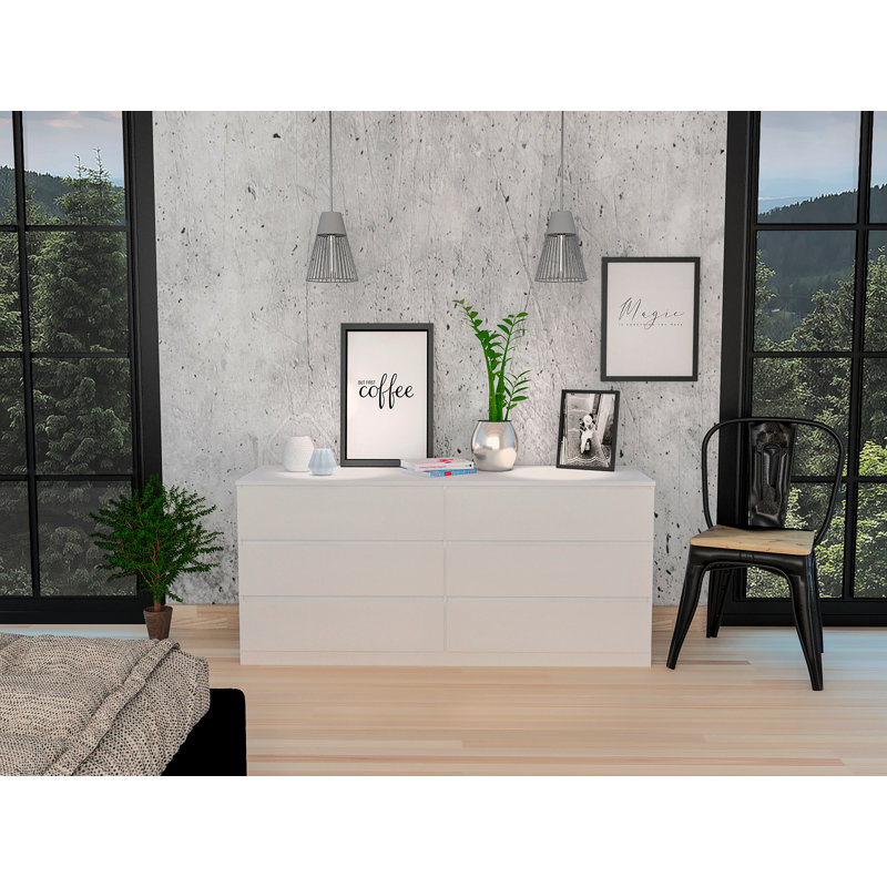 Commode double 6 tiroirs, plateau supérieur, blanc, Blanc