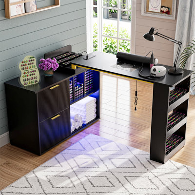 Kitwana L-Shaped Manicure Table Nail Desk with Storage & RGB Lights – Adjustable, 4 Dust Collection, Wrist Cushion