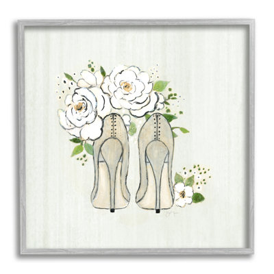 «Chic Fashion Heels White Rose Flowers Motif - Floater Frame, impression sur toile