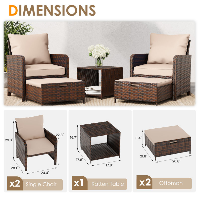 Idamarie Wicker Conversation Set with Ottoman, Khaki, Brown
