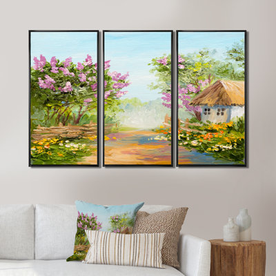 " Little House In The Blossoming Forest " 3 - Pieces Painting Print