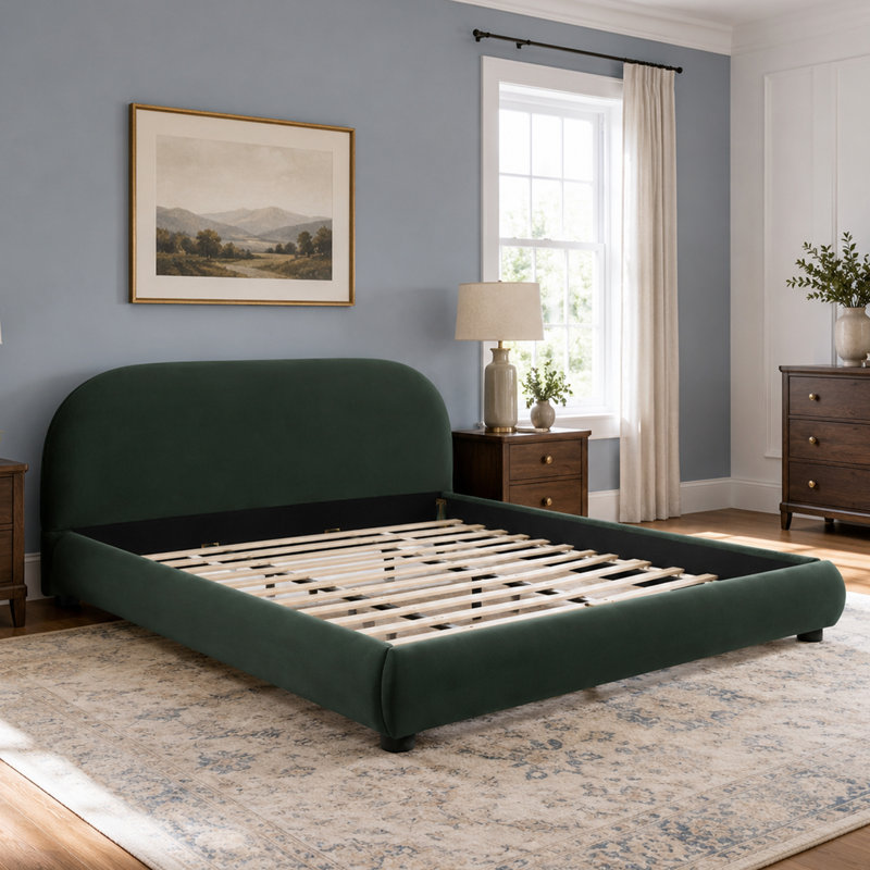 Lit plateforme tapissier très grand avec tête de lit courbée, Très grand lit, Vert