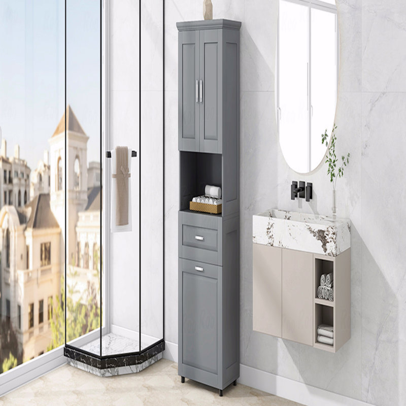 Tall Bathroom Cabinet With Laundry Basket, Large Storage Space Tilt-Out Laundry Hamper And Upper Storage Cabinet, Gray