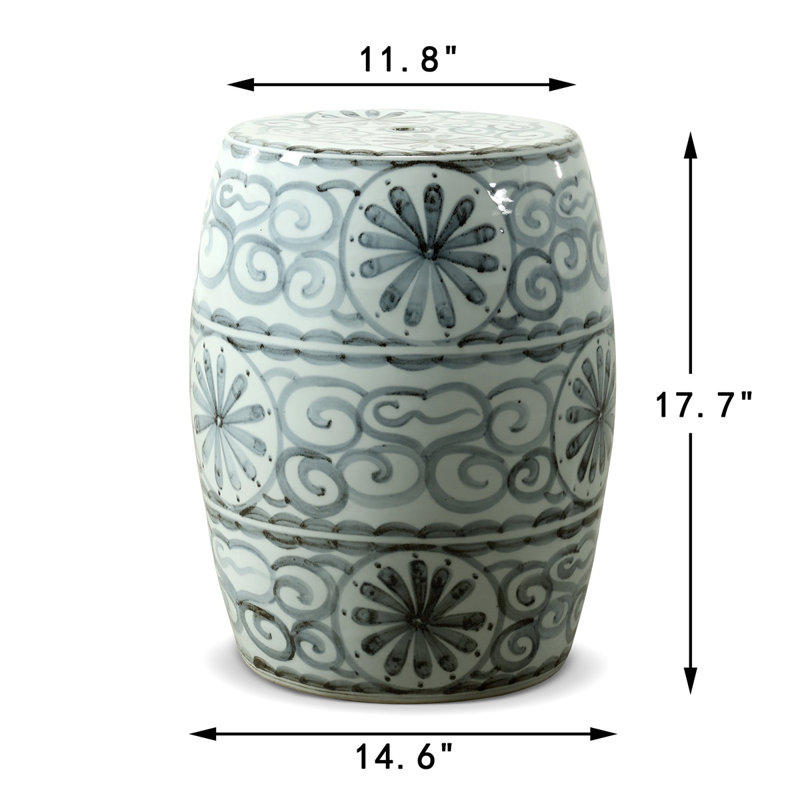 Approx. 17" High Soft Sky Blue Hand-Glazed Ceramic Garden Stool with Flower Motif