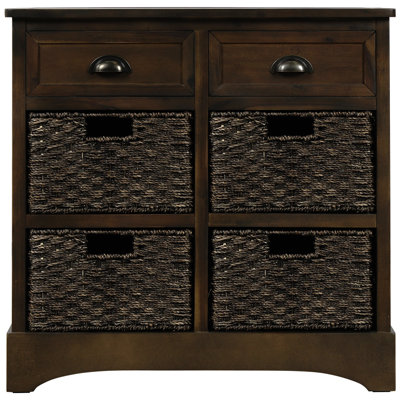 Armoire de rangement rustique avec deux tiroirs et quatre paniers en tissu classiques pour la cuisine / la salle à manger / le vestibule / le salon, meubles d'appoint (blanc)