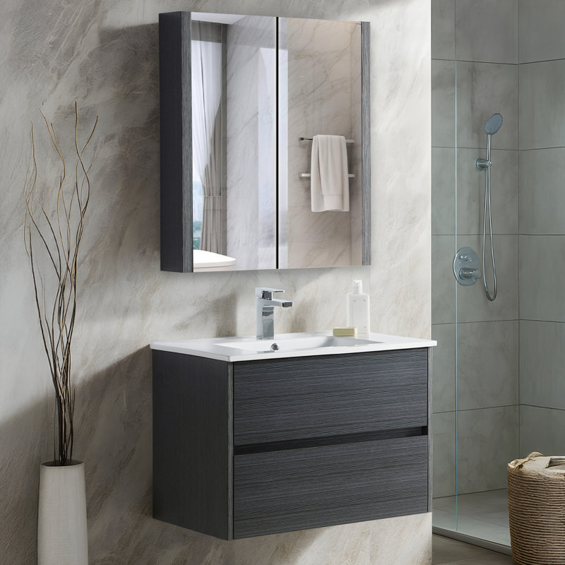 30'' Single Bathroom Vanity with Ceramic Top Sink and Medicine Cabinet, Silver Grey
