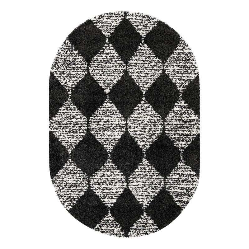 Tapis géométrique noir / blanc Rodney, Ovale 5 pi 3 po x 8 pi