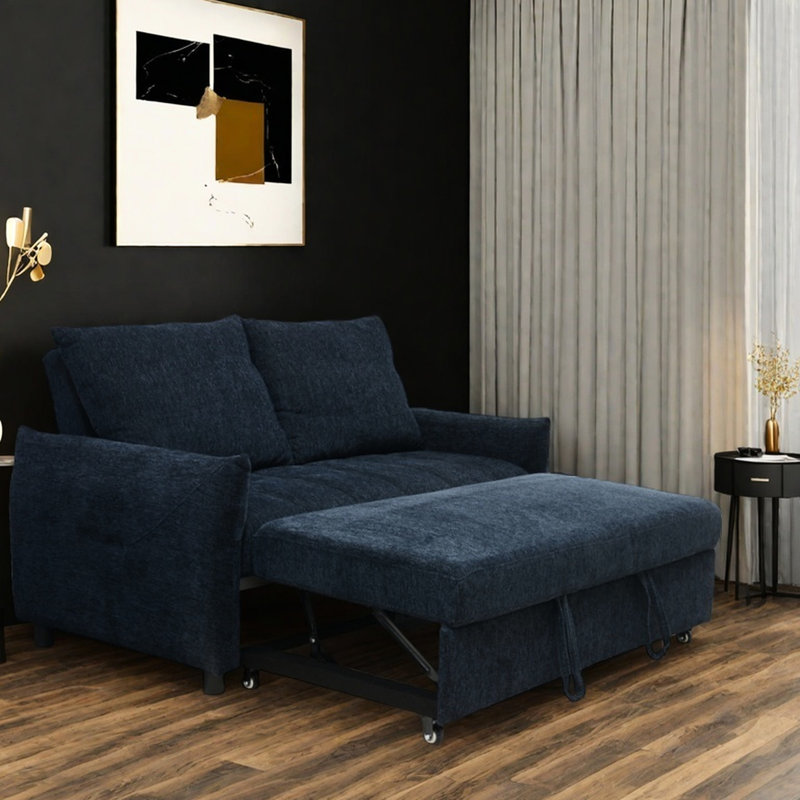 Confortable lit double bleu marine avec revêtement en lin et rangement, futon de salon moderne et dossier réglable