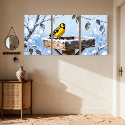 Birds Winter Bird Feeder Snowy Landscape Yellow Finch Set of 3 Canvas Wall Art Prints