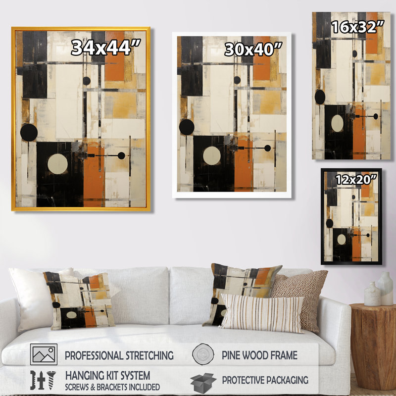 Art moderne moderne abstrait orange et beige, Toile avec cadre flottant or, H 44 po x l 34 po x P 1,5 po