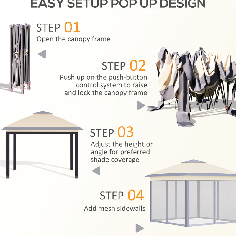 Tente escamotable avec abri de jardin 11 pi x 11 pi. Abat-jour de 121 pieds carrés, beige Installation rapide et pratique pour l'extérieur, le jardin et le patio. Tente allongée Eaves Assemblage simple