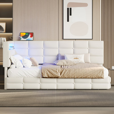 Beige Upholstered Twin Daybed With Charging Station, 2 Drawers, And 7 - Color Led Lights Lights, Storage Spacious Drawers For Bedroom