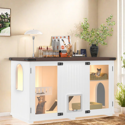 Grand bac à litière pour chat avec lumière DEL, bac à litière caché, escalier, grattoir pour chat et porte verrouillable intelligente