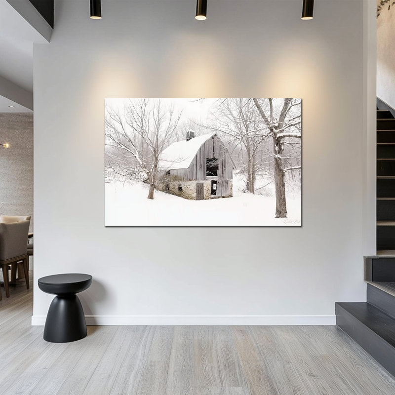 «Large Winter Barn Wall Art - Rustic Farmhouse Winter, décoration murale pour le salon, art de paysage de forêt enneigée, impression encadrée de scène d'hiver, œuvre d'art sur toile tendue, 36 po x 48 po