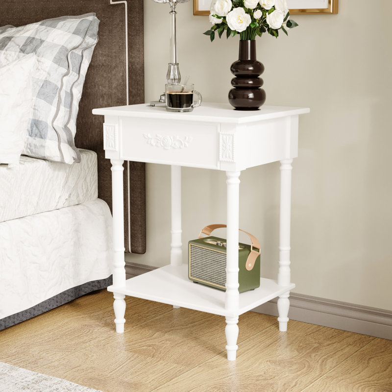 1-Shelf And 1-Drawer Nightstand With Elegent Design, White