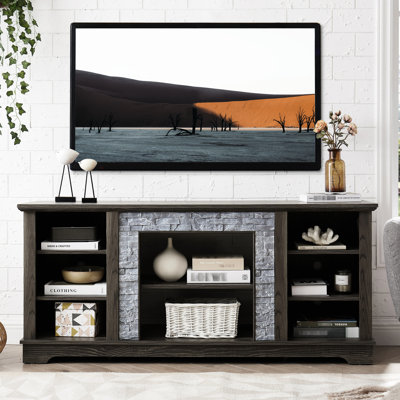 Meuble audio-vidéo moderne gris, console média avec pierre artificielle, l 59,45 po x P 15,79 po, H 25,83 po, pour téléviseur 65 po, nombreuses options de rangement