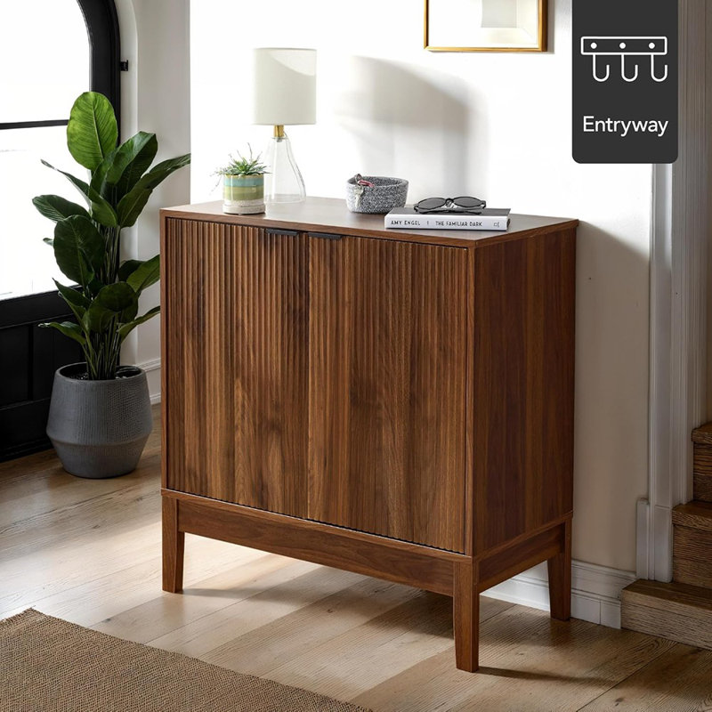 Armoire de rangement moderne à 2 portes, buffet, buffet, armoire multimédia, armoire, table d'appoint, bibliothèque avec panneaux Reeded et tablettes réglables - noyer