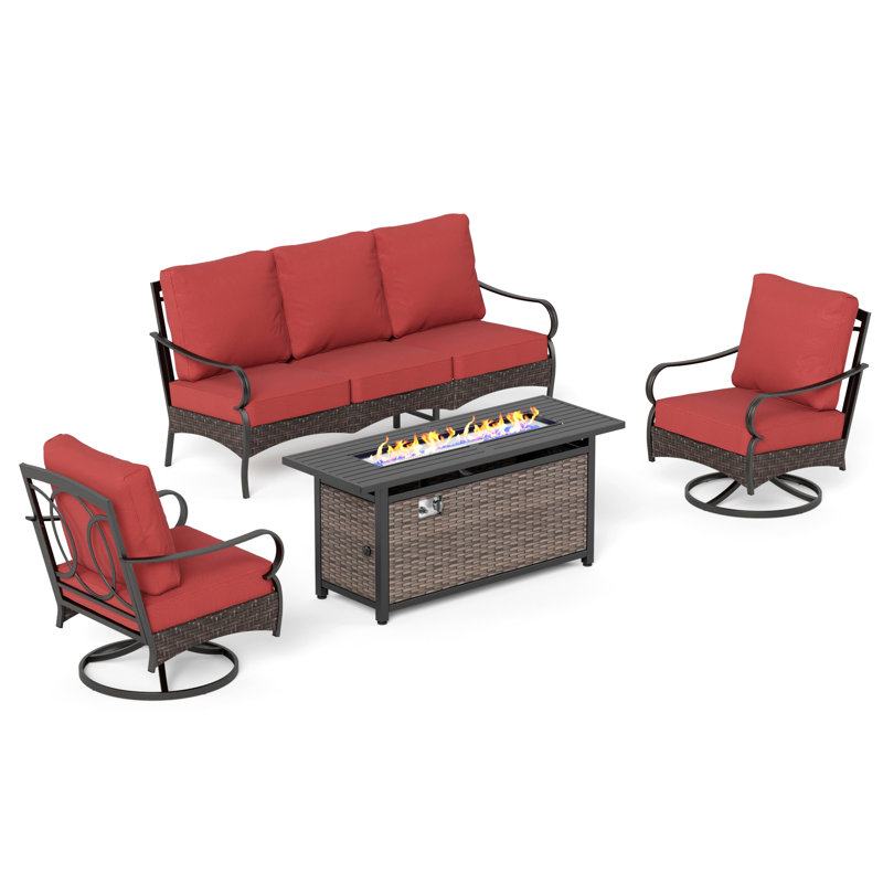 Patio Conversation Set With Swiveling Lounge Chairs, 4 Pcs: Fire Pit, 2 Chairs, Sofa, Red