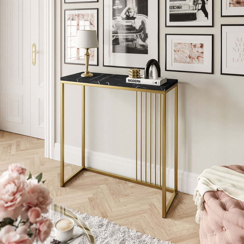 Heston Console Table, Matt Gold, 80cm H x 100cm W x 30cm D, Black Marble 
