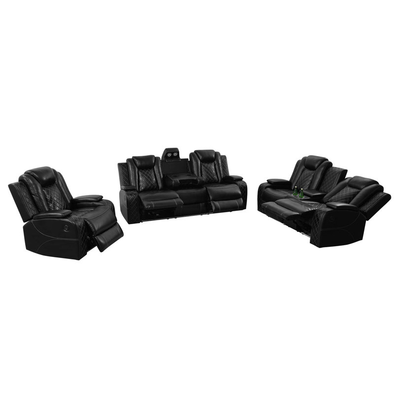 Ensemble de canapé de salon inclinable en cuir végétalien foncé 3 pièces Soren avec porte-gobelets, recharge sans fil et lumières DEL