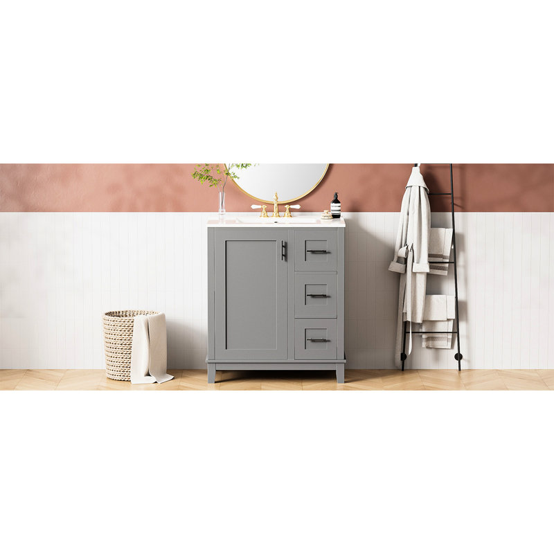 Meuble-lavabo 30 po avec armoire grise, lavabo en céramique et un tiroir divisé pour l'organisation Porte de 30 po, trois tiroirs, finition lisse
