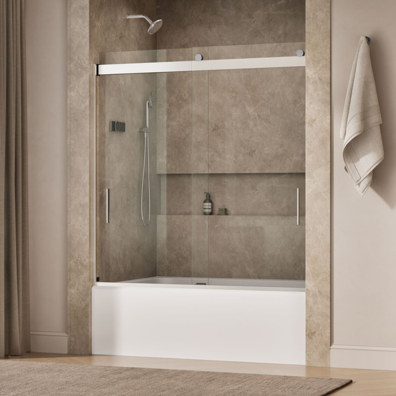 Levity 59.62" x 62" Bypass Bath Door with CleanCoat® Technology, Bright Silver, Clear