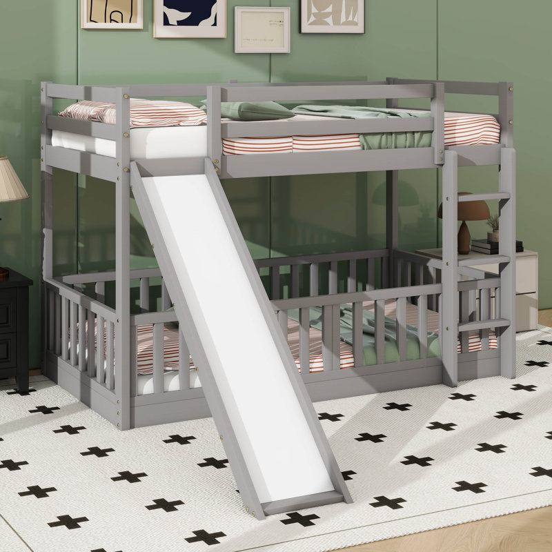 Twin-Over-Twin Bunk Bed With Slide And Ladder, Gray