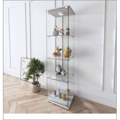 Vitrine moderne en verre avec lumières DEL, assemblage rapide, verre trempé, 1 porte, 4 tablettes, idéale pour les salons et les chambres à coucher, blanc