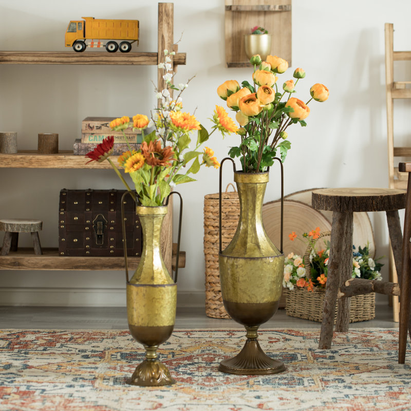 Set Of 2 Antique Style Metal Jug Floor Vase With 2 Handles - Vintage Inspired Rustic Design For Entryway, Living Room, Or Dining Room - Tall Elegant Home Decor Accent - Classic Metal Vase