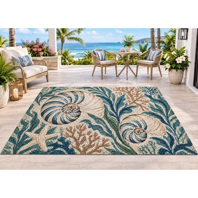 5' x 7' Outdoor Area Rug Nautilus Shell Starfish Coral Heavyweight Solid Waterproof PVC Coil Loop Carpet, Heavy Duty Patio Rug, Quick Dry Indoor Outdoor Mat for Porch Deck Balcony RV Camping