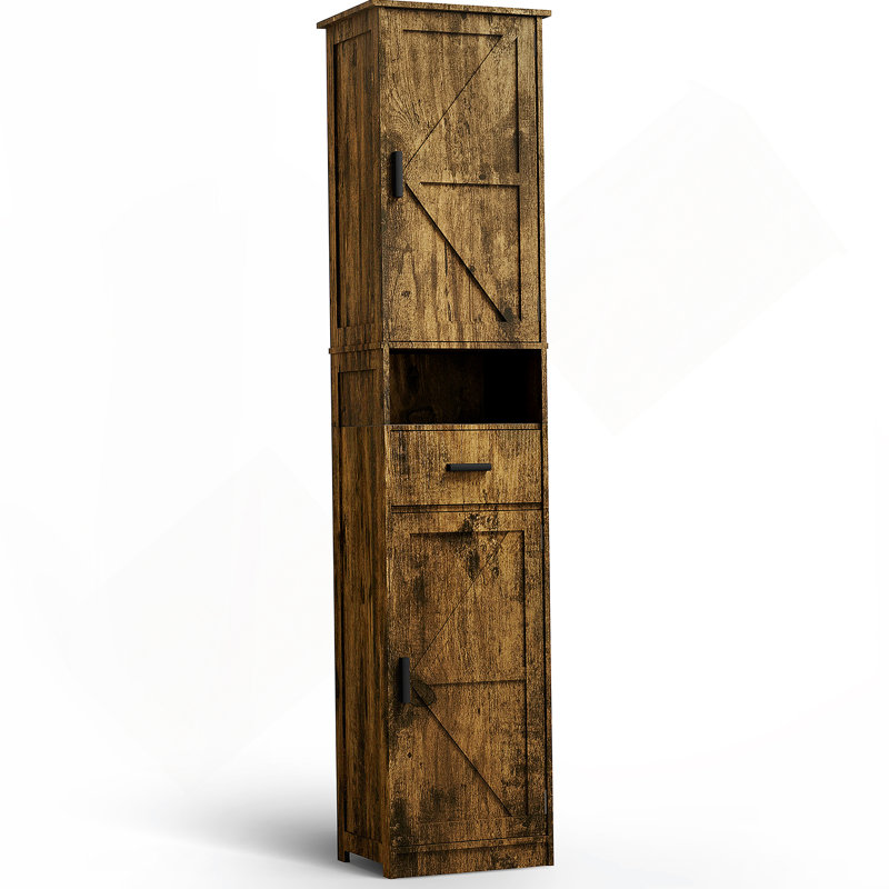 Bathroom Storage Cabinet with 2 Barn Doors and 1 Drawer, Narrow Storage Unit, Adjustable Shelves, Vintage