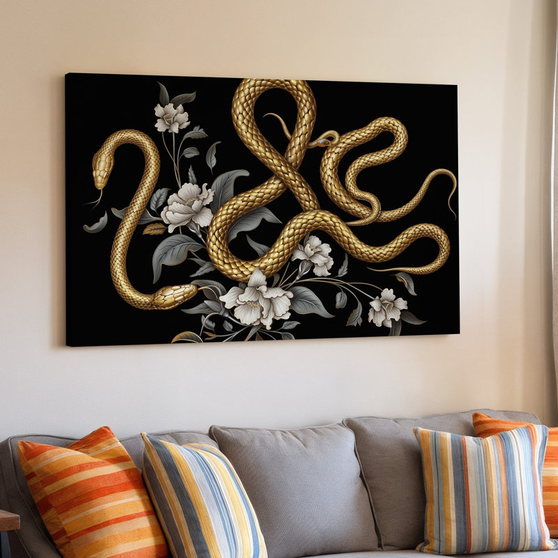 Toile d'un motif complexe saisissant avec des serpents élégamment enroulés dans un art mural riche, des teintes dorées entrelacées avec un art mural sur toile floral délicat
