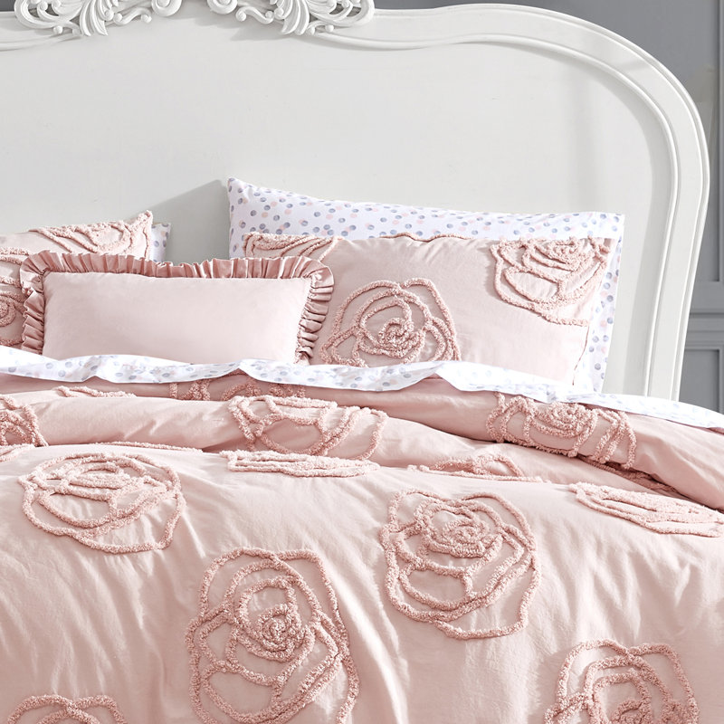 Betsey Johnson Rambling Rose Cotton Pink Duvet Cover Bonus Set, Queen Duvet Cover + 1 Standard Sham + 1ThrowPillow