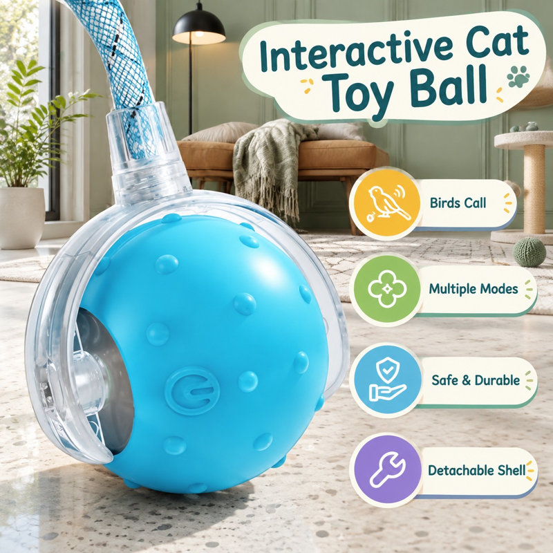 Balle automatique rechargeable par USB pour chat avec mode interactif activé par le mouvement, 2 vitesses, 2 queues, gazouillis et longue autonomie ; fonctionne sur des planchers, du carrelage et des tapis pour chats et chatons d'intérieur.