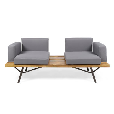 2 Seater Patio In Wood - Hand Crafted Details And Construction With Rustic Metal Legs Extra Cushions For Comfort