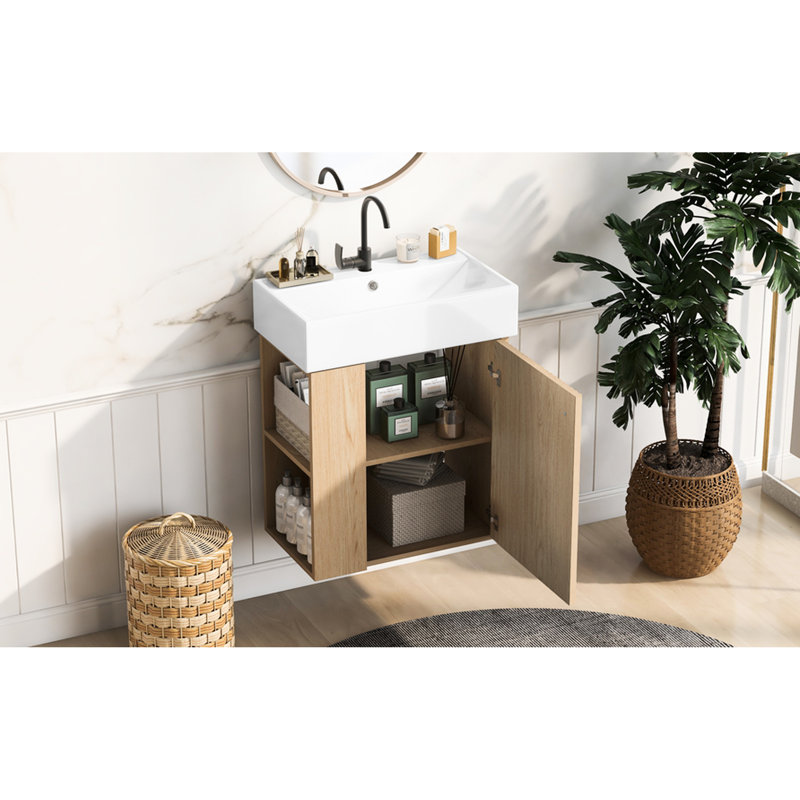 Meuble-lavabo flottant de 21,6 po avec lavabo en céramique, porte ondulée, fermeture en douceur, rangement latéral, poignée en or rose, trou unique, convient au meuble-lavabo moderne à petite échelle, installation murale pour