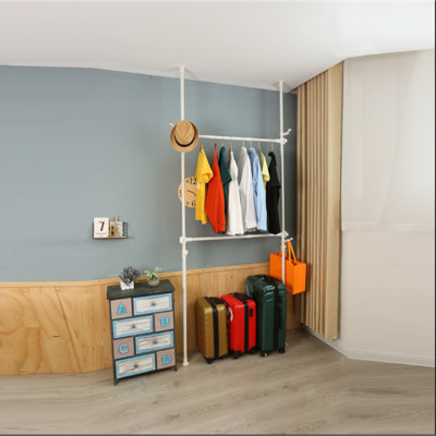 Porte-vêtements télescopique, conception robuste et bricolage mobile à la main sans dommages au rail de suspension murale au plafond, réglable de 31 à 47 po de largeur, capacité de charge de 120 kilogrammes, crochet de fixation inclus
