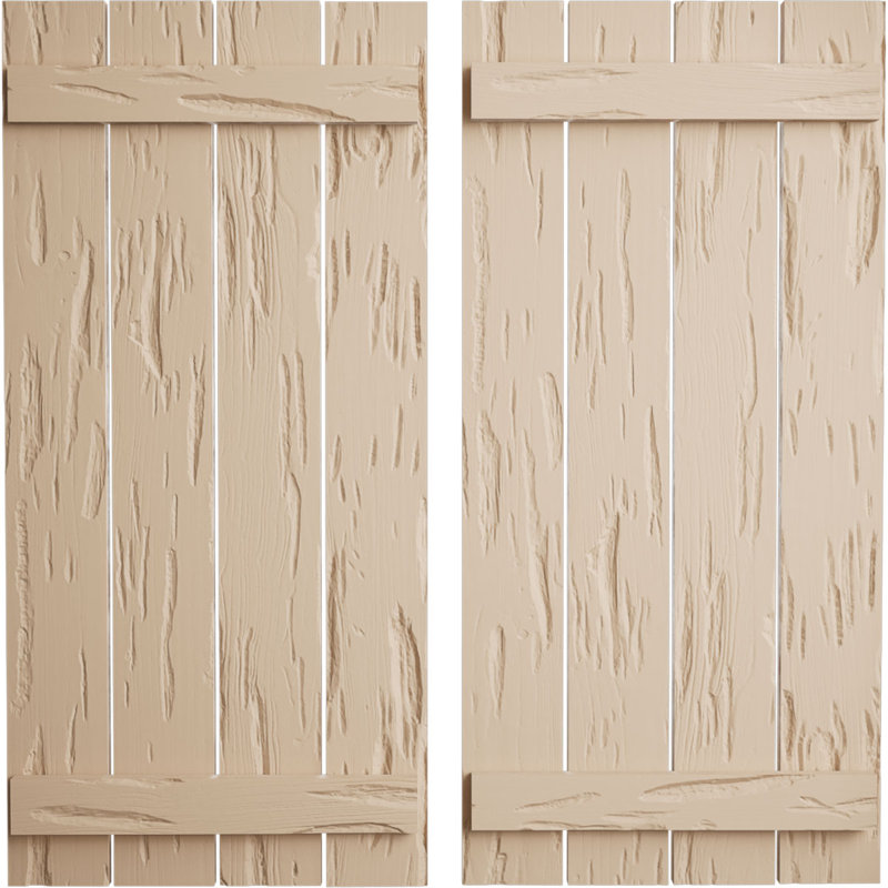 Volets rustiques en faux bois à quatre planches espacées (par paire), Texture cyprès Pecky / brun clair apprêté, 23"