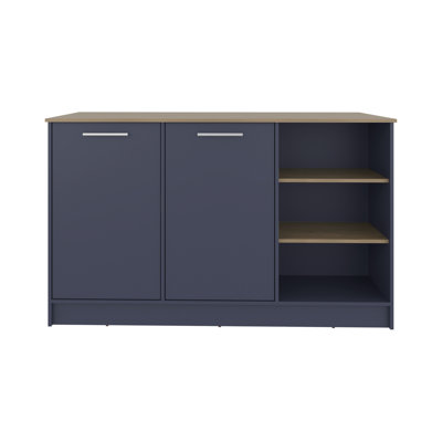 Particle Board Kitchen Island In A Modern Blue And Cream Appearance, With 26" X 59" Spacious Dining Surface For Meal Execution Arrangement, Three Open Storage Shelf Areas Two Concealed Cabinets Look,
