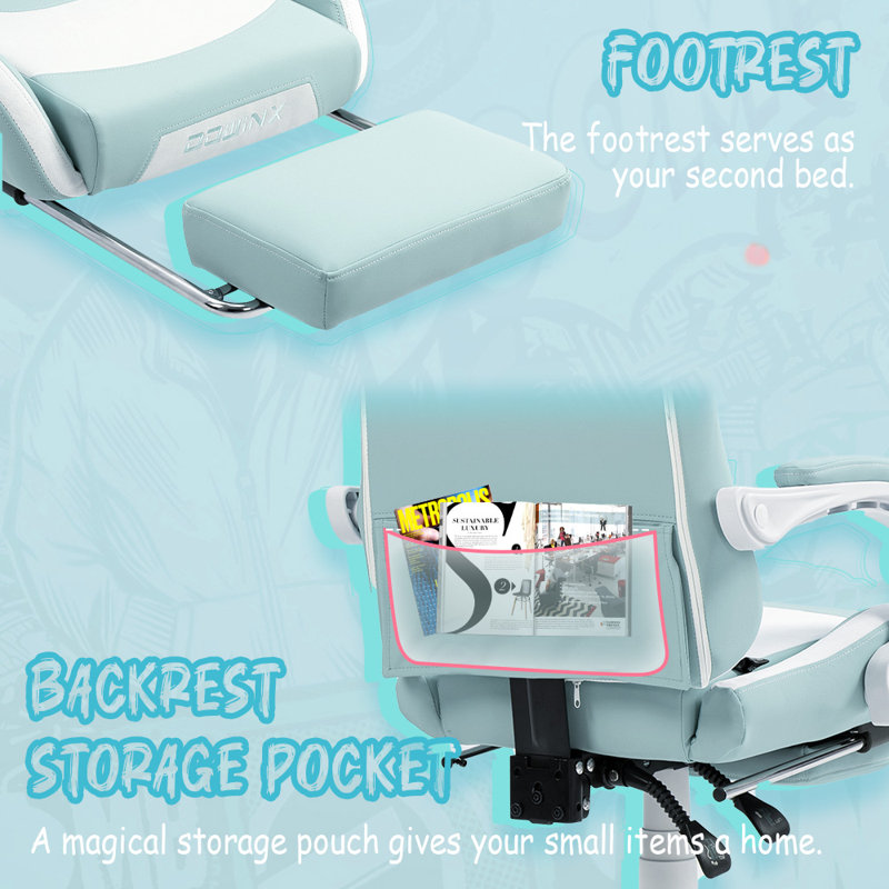 Adjustable Reclining Ergonomic Leather Swiveling PC & Racing Game Chair with Footrest, Aqua/White