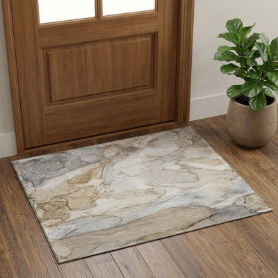 Tapis abstrait lavable beige et ivoire 3 pi x 5 pi avec protection UV