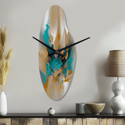Jaune et turquoise, encre fluide en marbre - horloge murale incurvée en métal, horloge murale moderne asymétrique