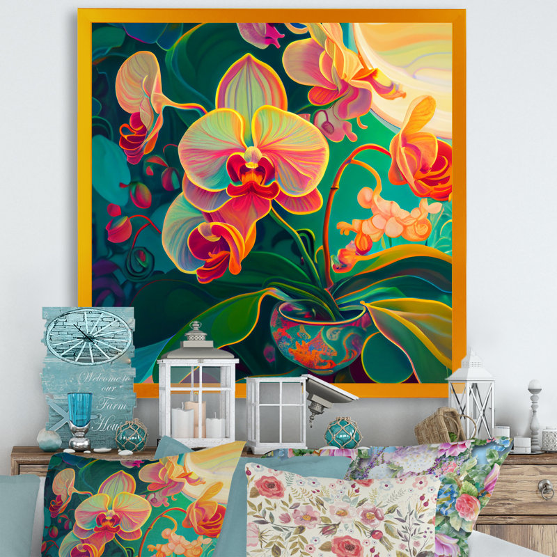 Orchidée en fleurs dans des couleurs vives rétro III - impression, H 16 po x l 16 po x P 1 po, Cadre doré à coins fermés