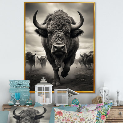 «Gray Buffalo Grazing Giants», reproduction d'art sur toile