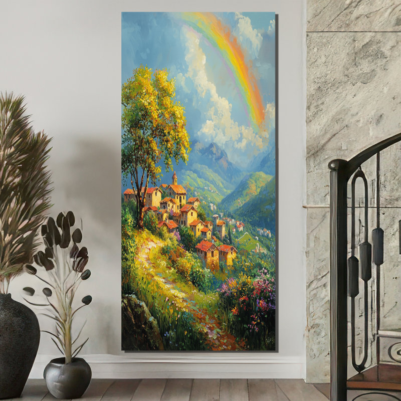 Rainbow Over The Hillside Village II - art mural arc-en-ciel, H 60 po x l 28 po, Toile tendue, Ne s’applique pas
